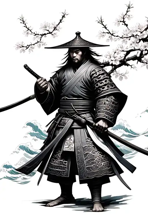Samurai Warrior With Cherry Blossoms And Waves