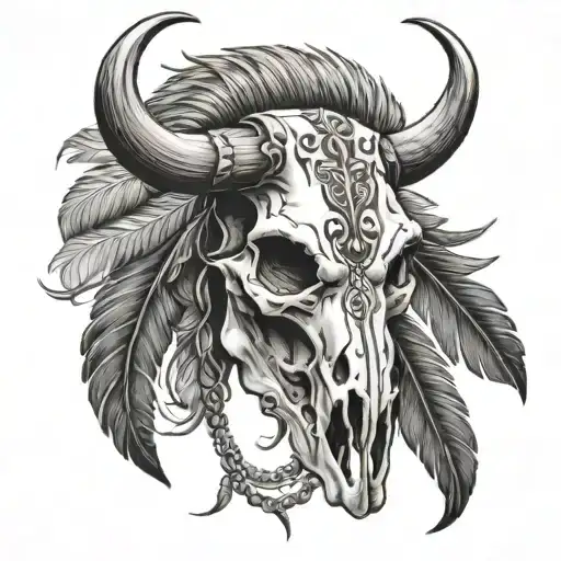 Bull Skull With Feather Hanging From Horn