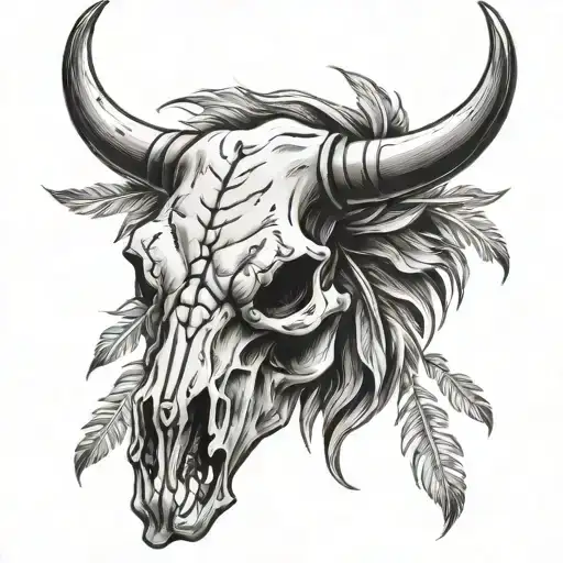 Bull Skull With Feather Hanging From Horn Bull Skull