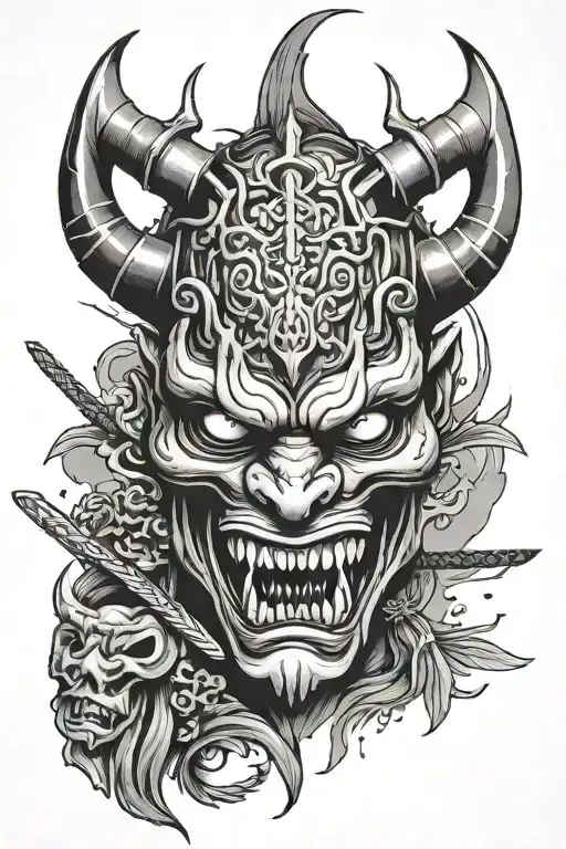 Broken Oni Mask With A Katana Going Through It On The Top