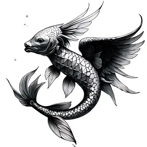 Fine Line X Geometric X Surrealism Fallen Angel With Pisces Koi