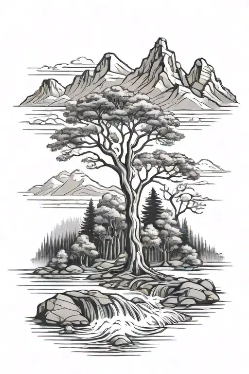 Trees Mountain River Flowing