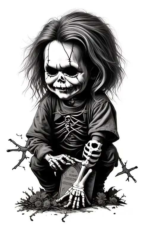 Chucky Sleeve With A Skeleton And A Grave And Stitches