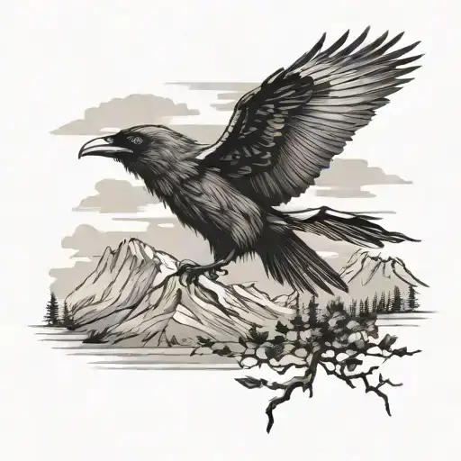 Mountain Tree Raven Flying
