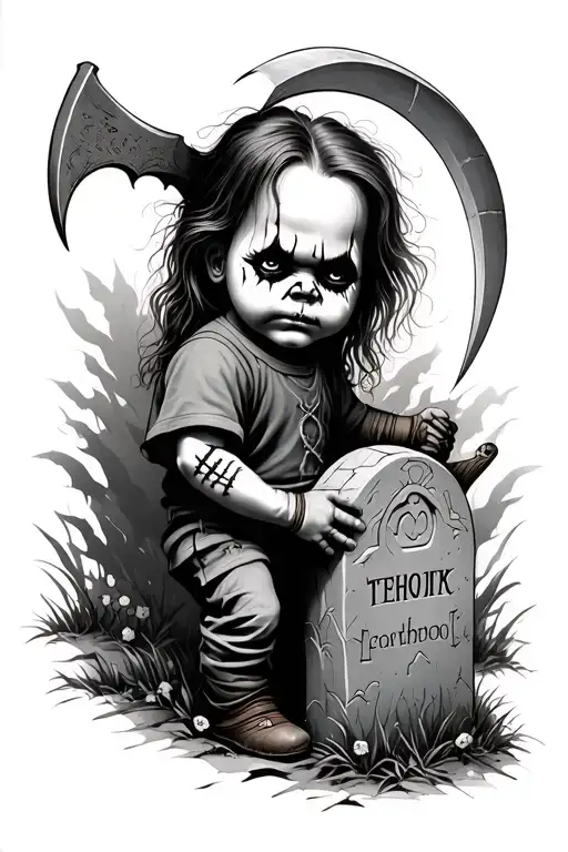 Chucky Sleeve With A Scythe Beside A Grave With Stitches