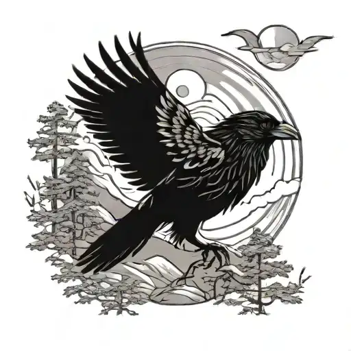 Mountain Tree Raven Flying Towards The Sun