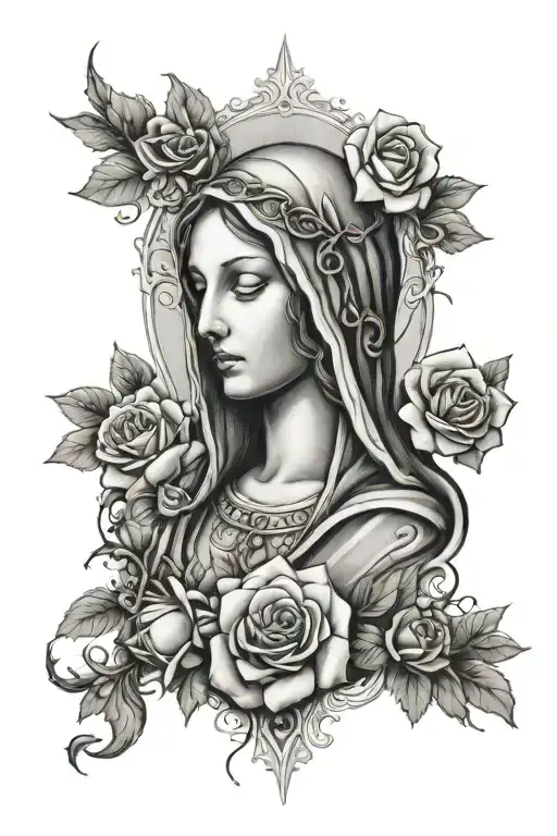 Virgin Mary With Cross And Roses Intertwined
