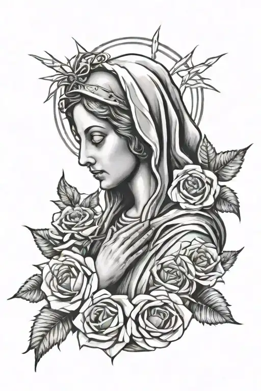 Virgin Mary With Cross And Roses Intertwined