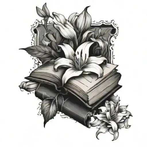 An Open Book Ontop Of A Pile Of Books With A Lily Flower Growing Out Of It