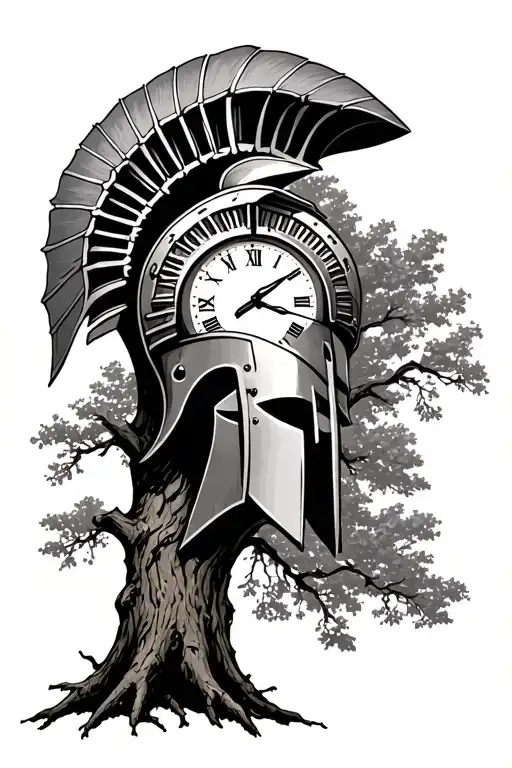 Tree With A Spartan Helmet And A Clock