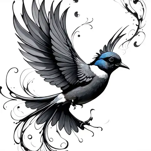 Ink Swirl With Fantail Bird In Flight