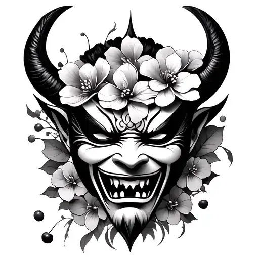 Oni Mask And Cherry Flowers