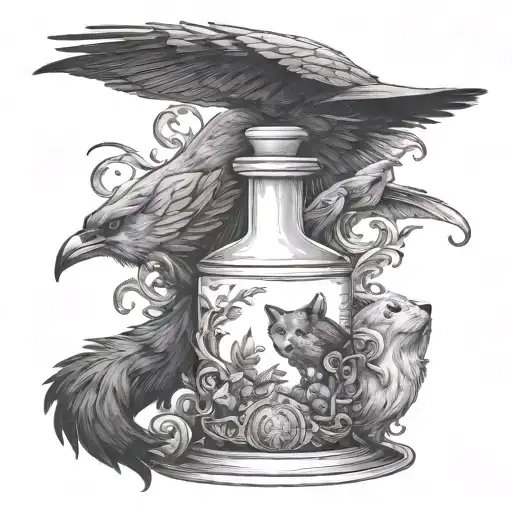 Potion Bottle Surround By A Crow And A Fox