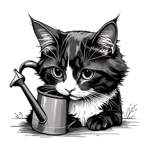 Tuxido Cat Who Is Curiously Looking Into A Watering Can