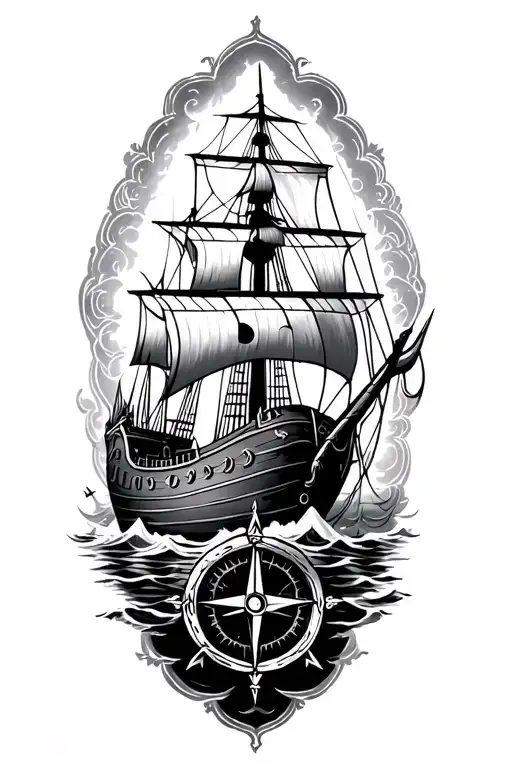 Viking Ship And Compass Surrounded