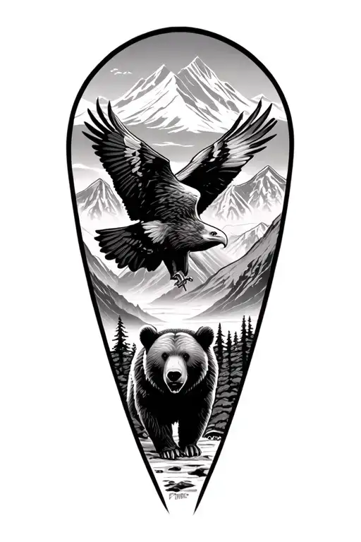 Alaska Mountains Scene Featuring Eagle Soaring And A Bear