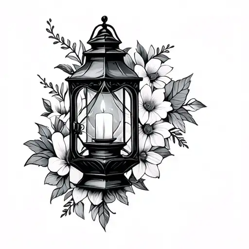 Gothic Lantern With Candle Surrounded By Flowers