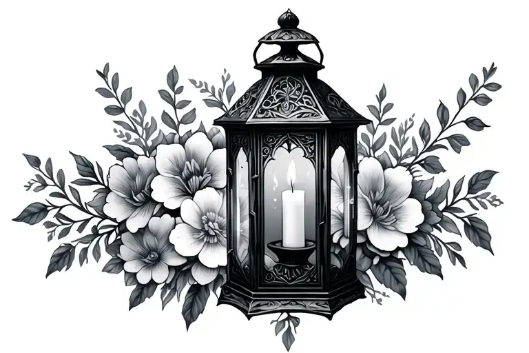 Gothic Lantern With Candle Surrounded By Flowers