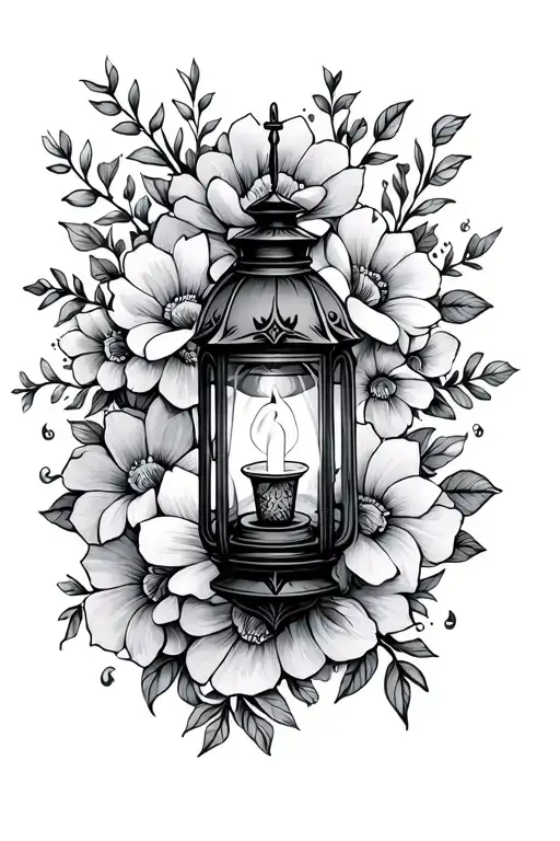 Gothic Lantern With Candle Surrounded By Flowers