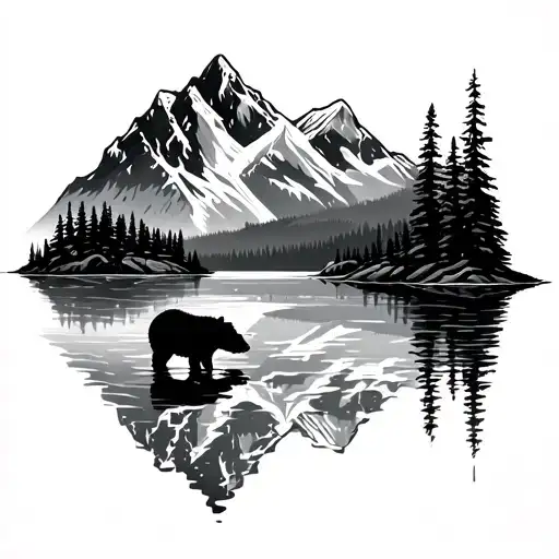 Alaska Mountains Scene With A Lake Reflecting And A Bear
