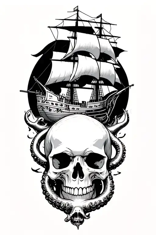 Map Outline With Skulls And Ship And Kraken Emerging