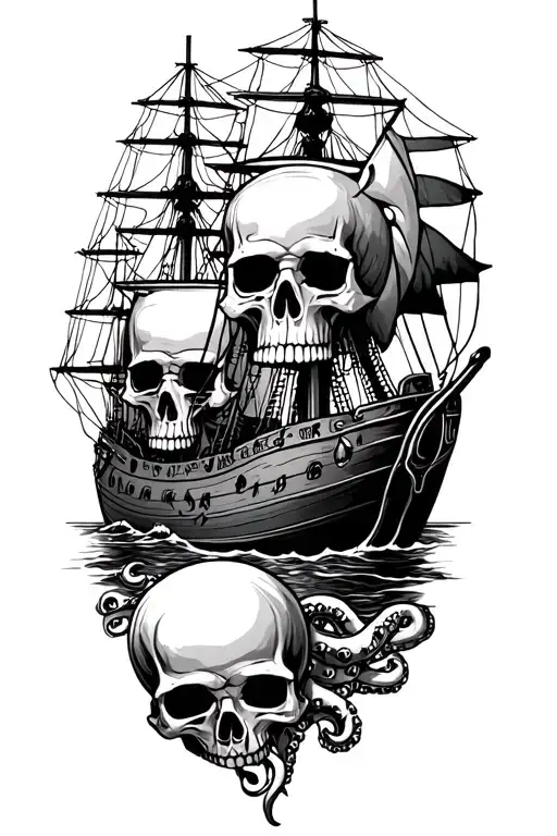 Map Outline With Skulls And Ship And Kraken Taking