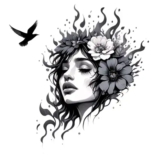 Drama Faces Sad And Happy With Flowers And Flames And Birds Flying