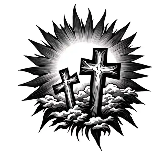 Three Crosses In Center Is Sun Shining And Clouds