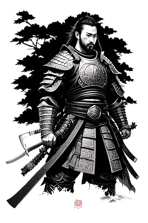 Samurai Full Body Hara Kiri In Armor Sakura Tree