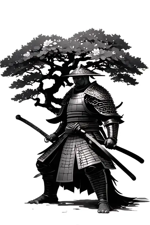 Samurai Full Body Hara Kiri In Armor Sakura Tree