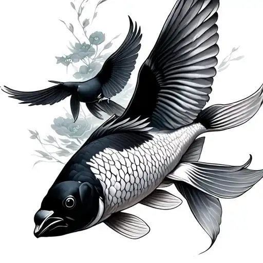 Tao Magpies Flying Over A Koi Carp Swimming