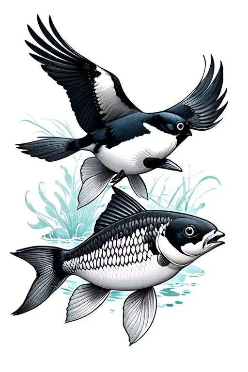 Two Magpies Flying Over A Koi Carp Swimming