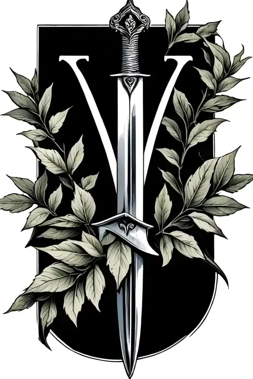 Branches Of Bay Leaf And Letter V And Sword