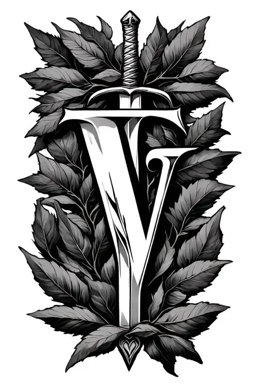 Black Branches Of Bay Leaf And Letter V And Sword I To V Letter