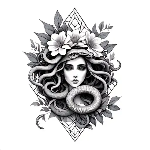 Medusa Leg Sleeve With Geometric Snake And Flowers