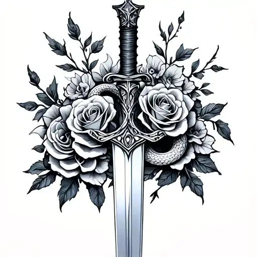Sword With Snake Coiled And Roses Blooming