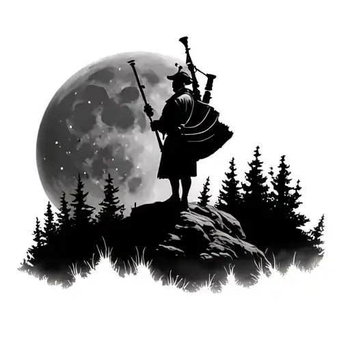 Lone Bagpiper On A High Cliff Overlooking A Forest In Front Of A Full Moon