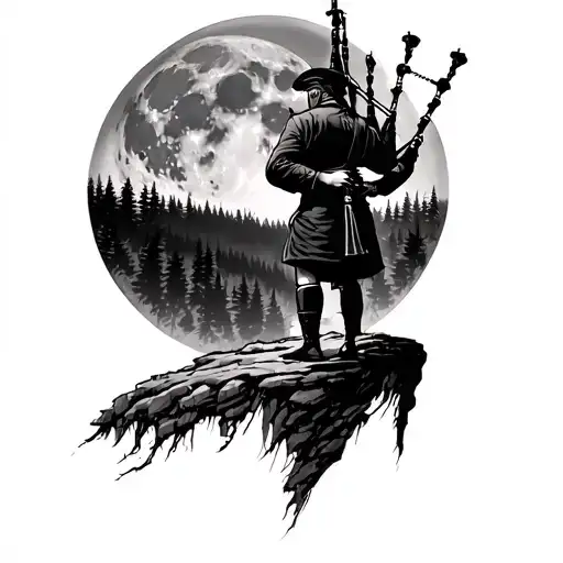 Lone Bagpiper On A High Cliff Overlooking A Forest In Front Of A Full Moon With Lots Of Detail