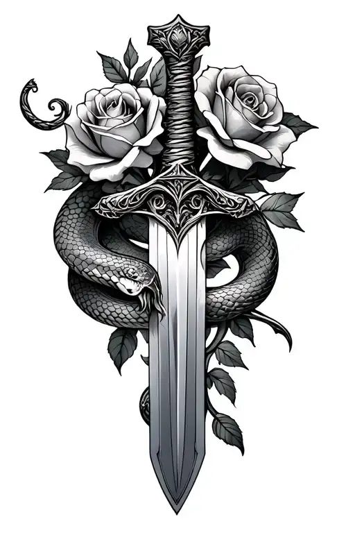 Sword With Snake Coiled And Roses Blooming