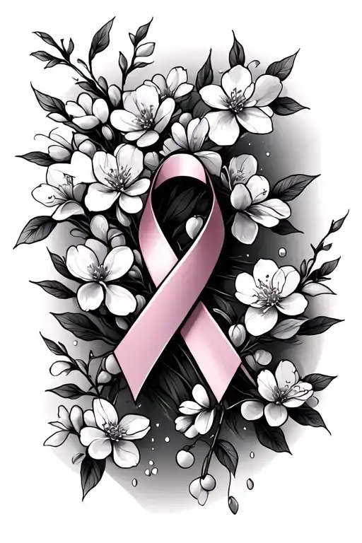 Breast Cancer Thin Ribbon And Cherry Blossoms Falling