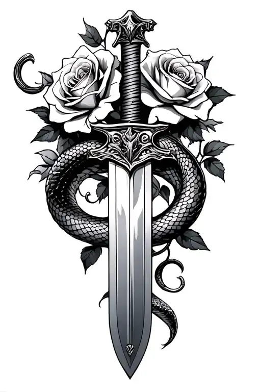 Sword With Snake Coiled And Roses Blooming