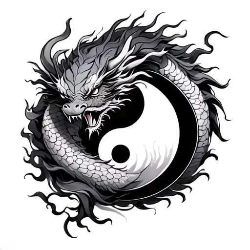 Chinese Dragon Emerging With Ying And Yang