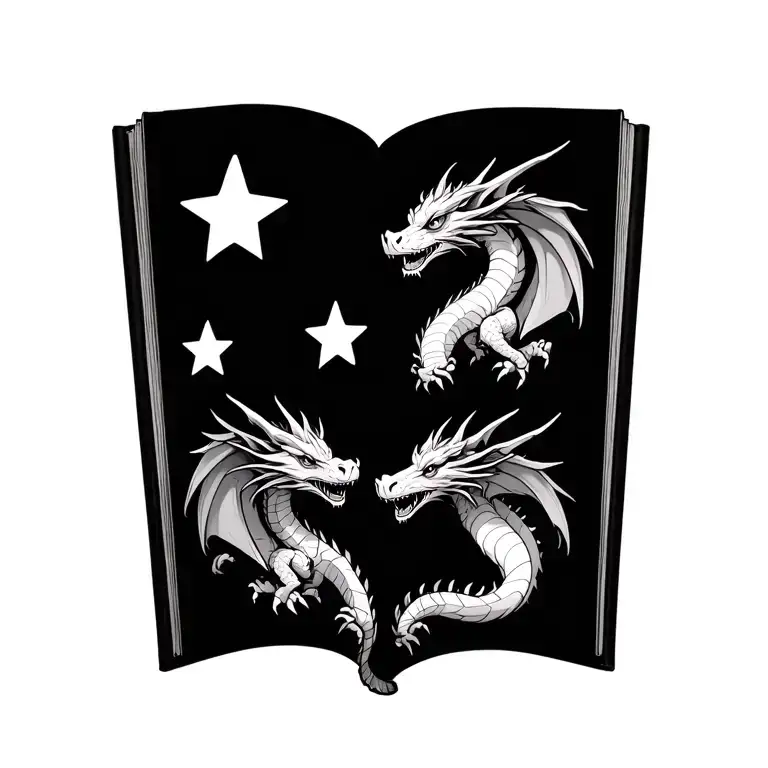 Open Book With Stars And 2 Dragons One Smaller Than The Other