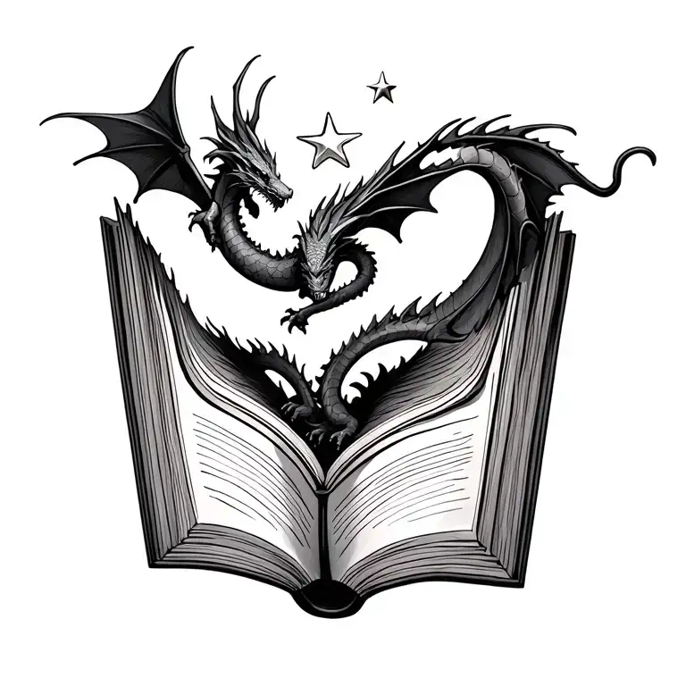 Small Open Book With Stars And 2 Dragons One Smaller Than The Other Flying Out And Above The Book