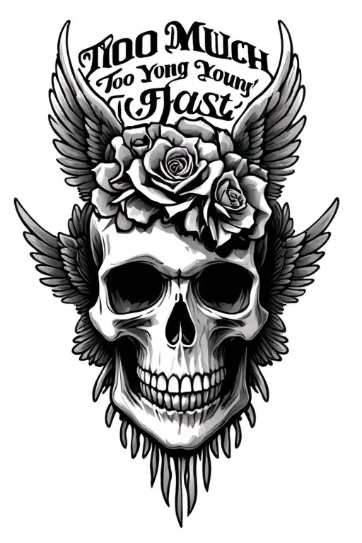 Skull With Wings With Words Too Much Too Young Too Fast