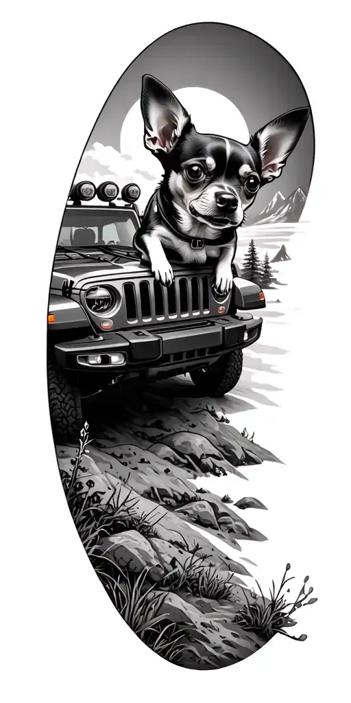 Chihuahua Driving Jeep Wrangler In Wilderness