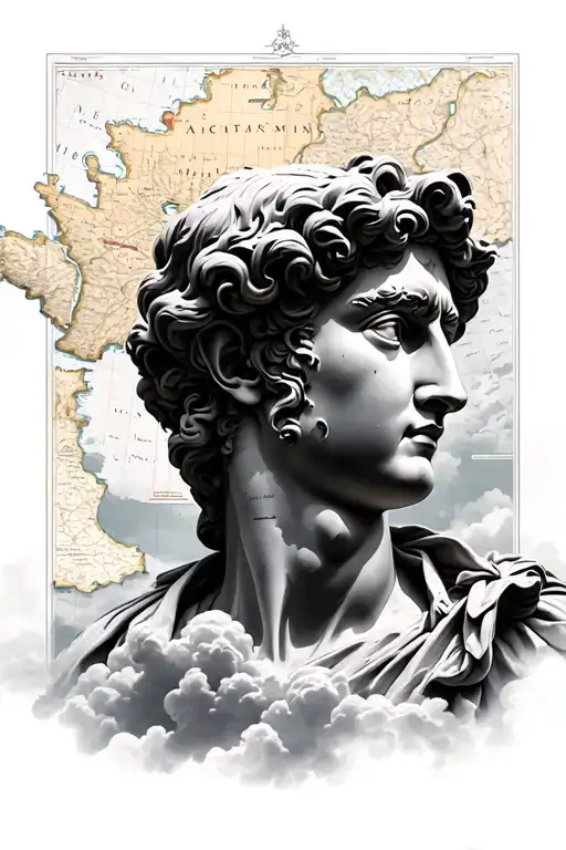 Statue From France In The Clouds With A Map In The Background