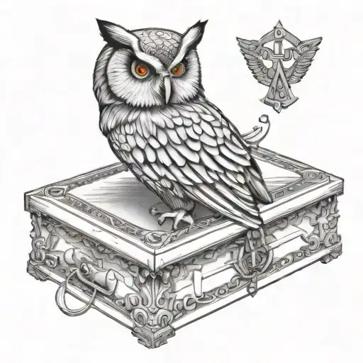 Owl Wing Spread Masonic Square And Compass Holding Casket With Cross In It