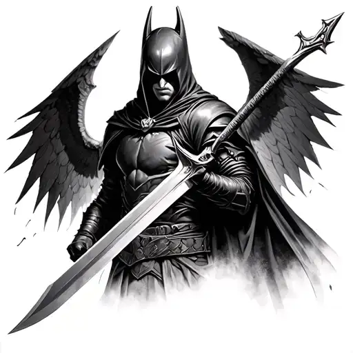 Hooded Dark Knight With Sword And Wings Realism Style
