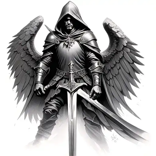 Hooded Knight With Sword And Wings Realism Style